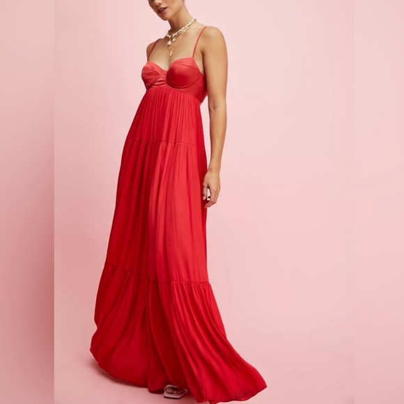 Free People Freya Silky Satin Romantic Evening Gown Tiered Maxi Dress - Picture 2 of 4